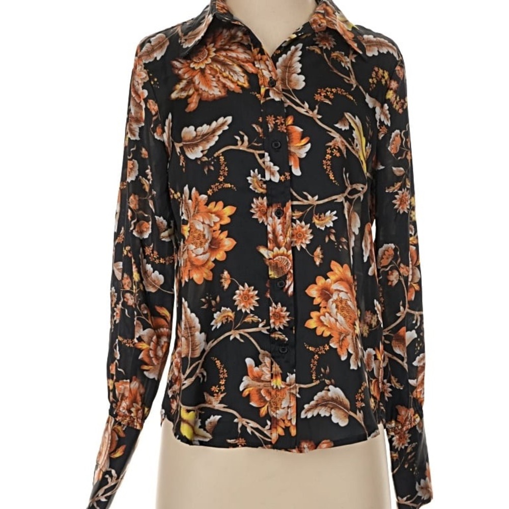 Elie Tahari Black Blouse with Burnt Orange Floral Print